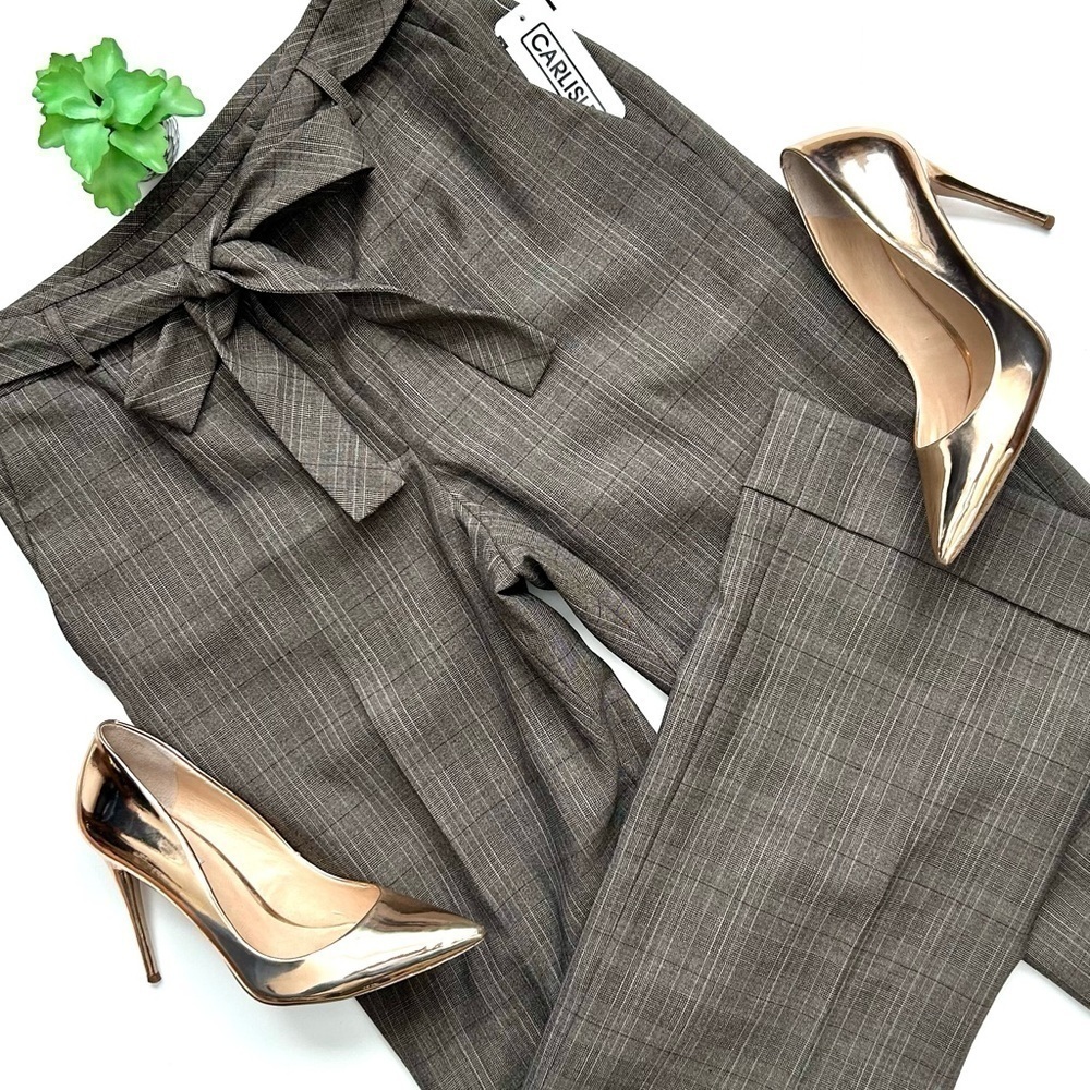 Carlisle Vintage Wide Leg Brown Gray Plaid Belted Wool Trousers Cuff New 10 NWT